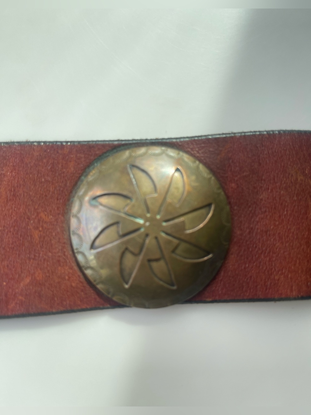 Vintage Leather Cuff Brass Floral Concho 70s Artisan - Picture 2 of 8